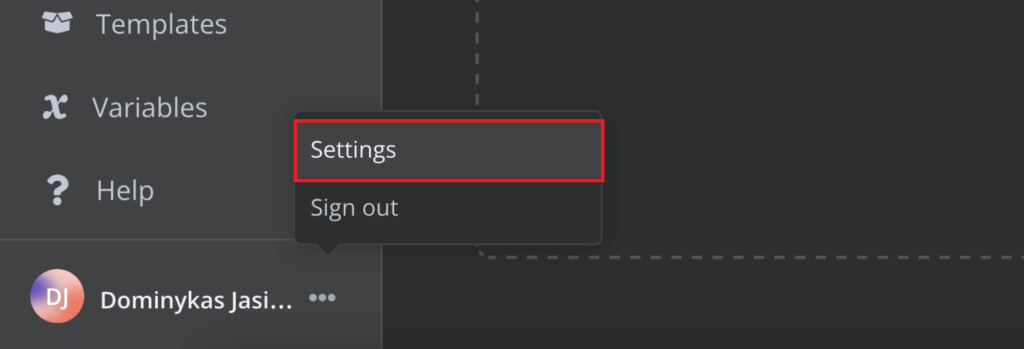 사용자 이름 옆에 표시된 대화 선택기와 설정 강조