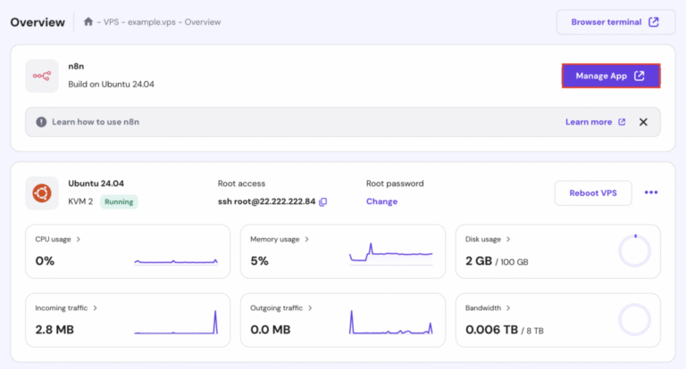 hPanel VPS 개요 페이지의 Manage App 버튼