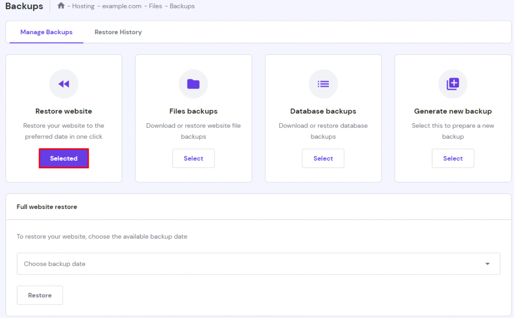 The Backups menu on hPanel with the Selected option highlighted
