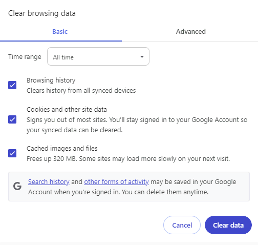 Clear browsing data popup in Chrome