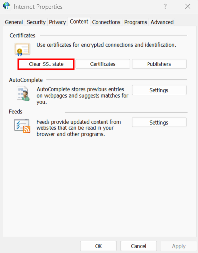 Windows Internet Properties section, highlighting the option to clear SSL state