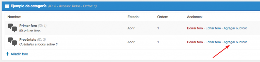 A&ntilde;adiendo un nuevo subforo.