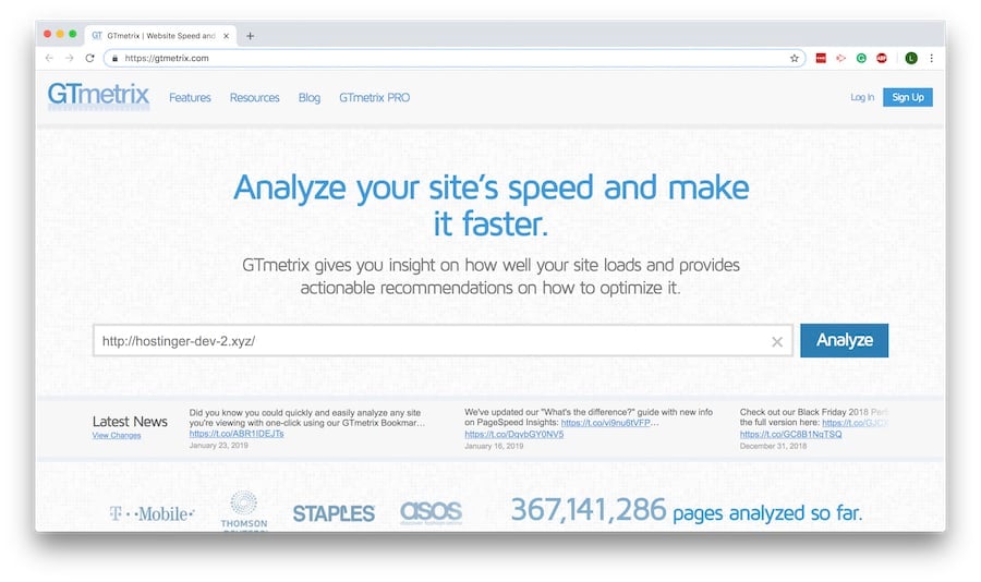 P&aacute;gina de inicio de GTmetrix