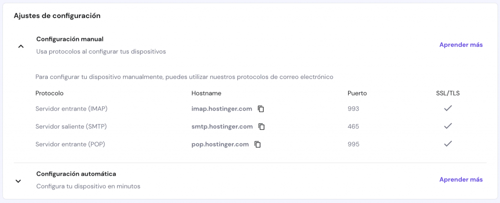 La página de configuración del correo electrónico en hPanel