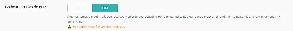 Página de configuración de Caché de LiteSpeed, sección Cachear recursos PHP