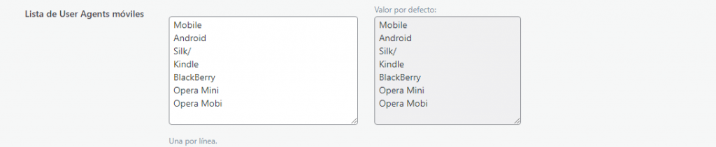 Página de configuración de Caché de LiteSpeed, sección Lista user agents móviles