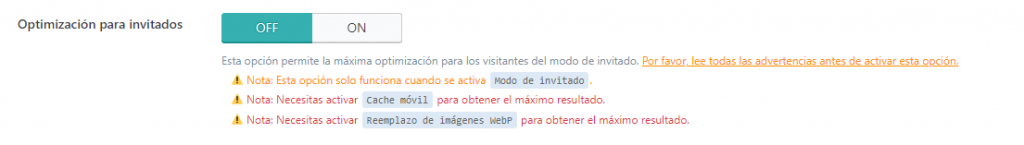 Ajustes generales de LiteSpeed Cache, sección Optimización para invitados