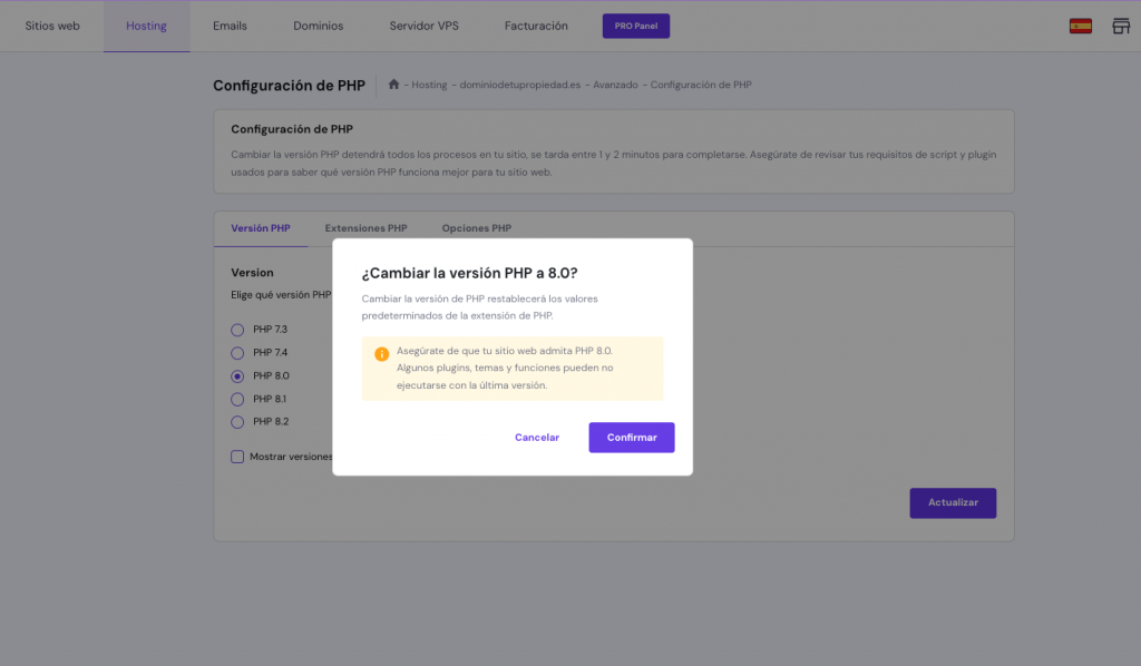 Cuadro de actualización de PHP en hPanel