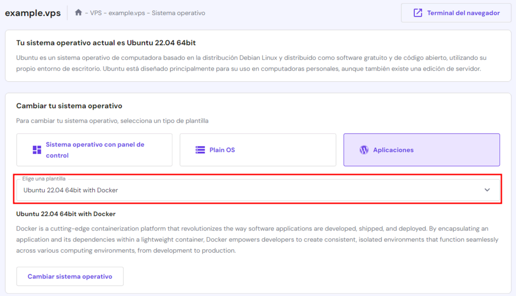 Interfaz de hPanel con Ubuntu