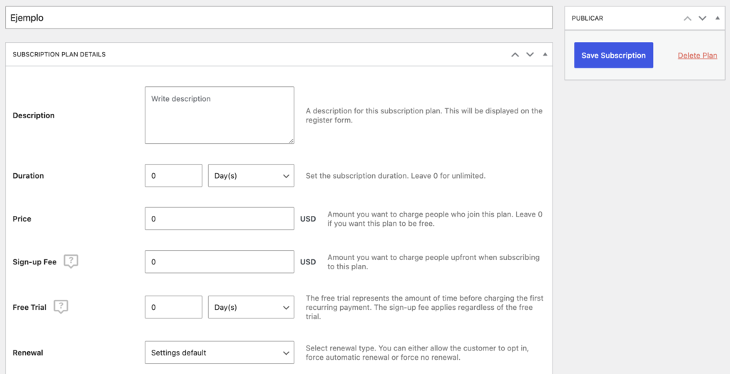 Ejemplo de plan de suscripción de Paid Member Subscriptions