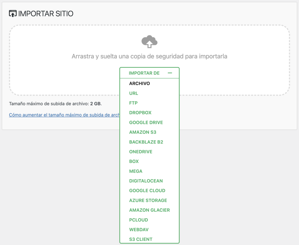 Importar sitio web desde All-in-One WP Migration