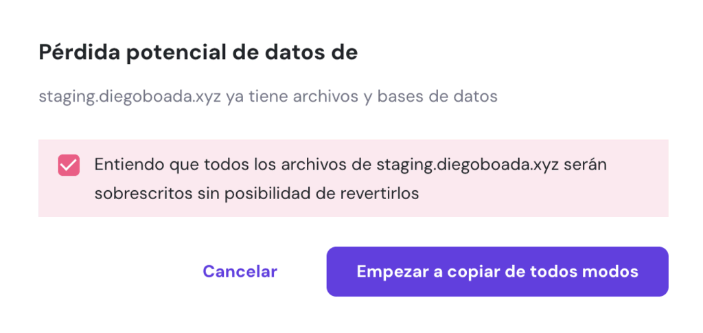 Aviso de pérdida potencial de datos en hPanel