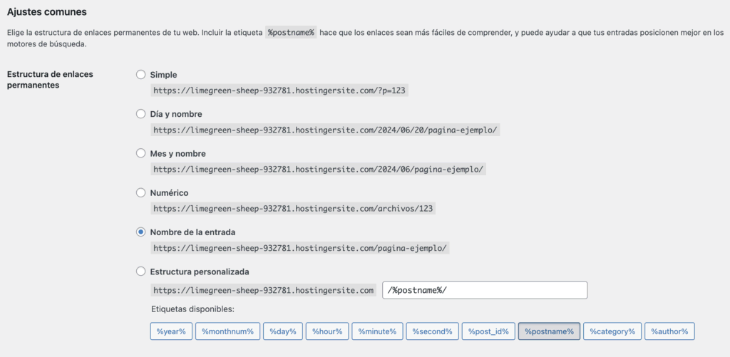 Sección de Enlaces permanentes de WordPress