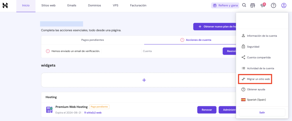 Opción de migrar un sitio web en hPanel