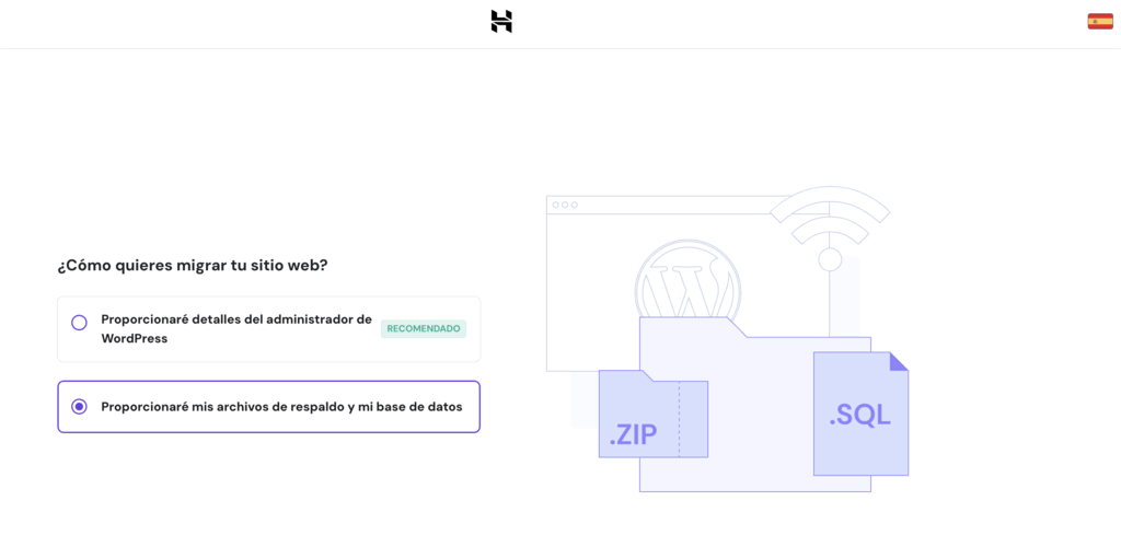 Opciones para migrar web en hPanel