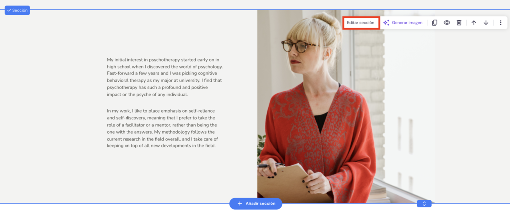 Editar secci&oacute;n en el Creador de Hostinger