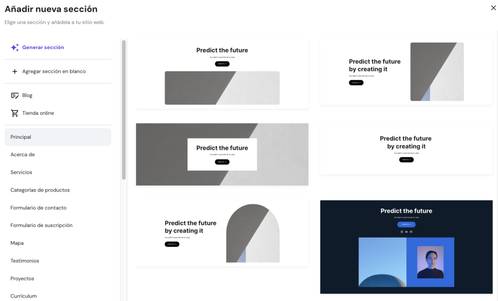 A&ntilde;adir secci&oacute;n en el creador de Hostinger