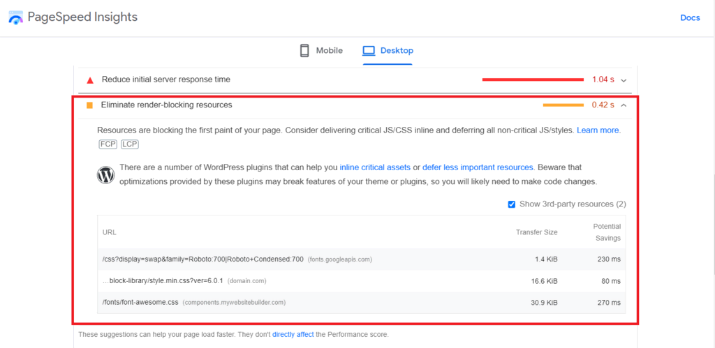 Ejemplo de PageSpeed Insights