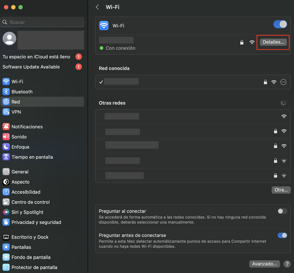 Preferencias del wifi en macOS