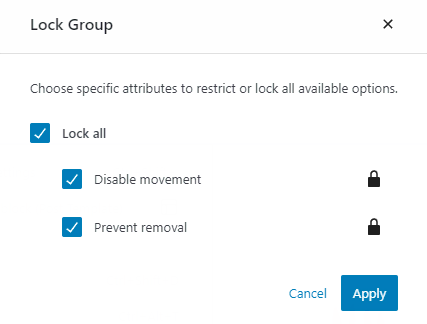 The pop-up for choosing the block locking attributes.