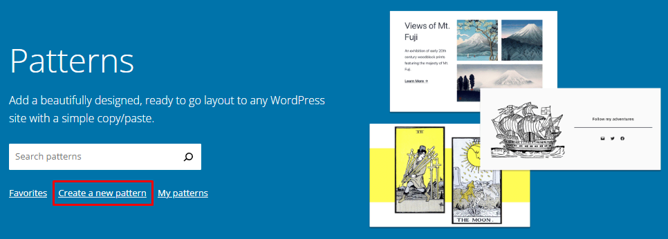 El directorio de patrones de WordPress, donde los usuarios pueden elegir "Crear un nuevo patrón"