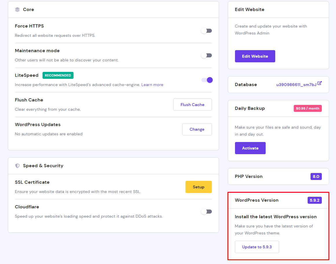 WordPress version information in the hPanel area.