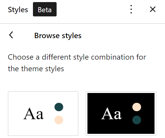 Theme variations options in the global styles panel.