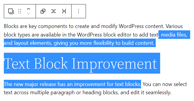 Selecting text across multiple blocks in the WordPress 6.0 site editor