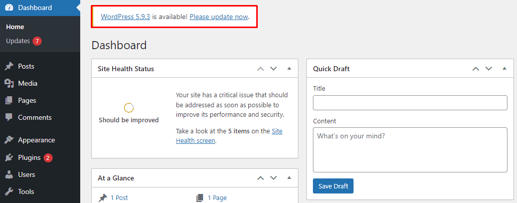WordPress update notification in the admin dashboard.