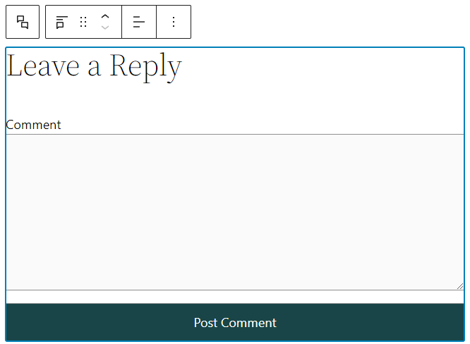 Comment form block that's now a part of the comments query loop block.