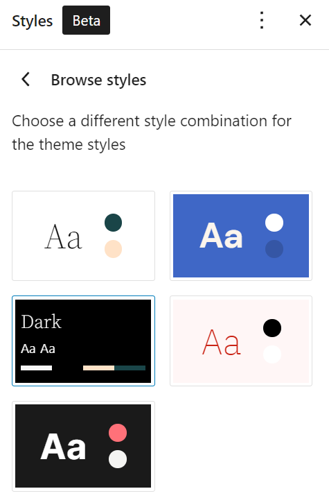 The global style variation panel, showing the new Dark theme style in the options.