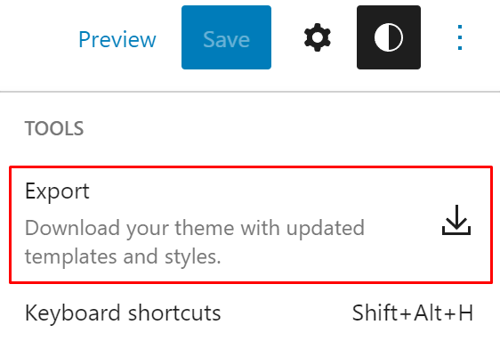 WordPress site editor options menu, highlighting the theme export feature.