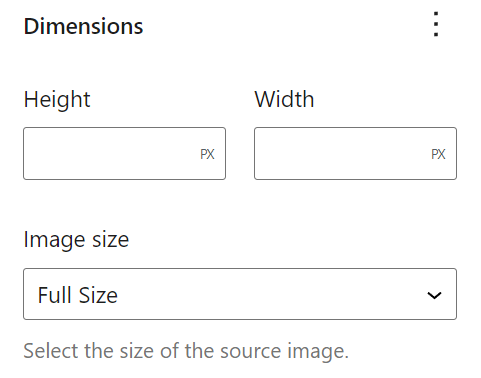 El selector de tamaño de imagen para el bloque de imagen destacado.