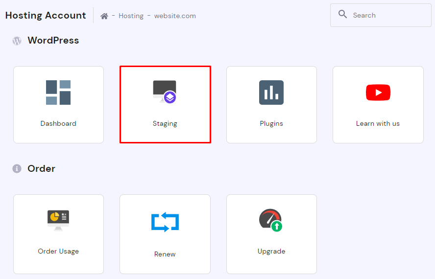 Hosting section of hPanel, highlighting the Staging option from the WordPress menu