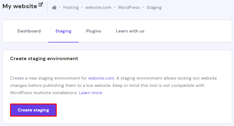My website section of hPanel, highlighting the Create staging button