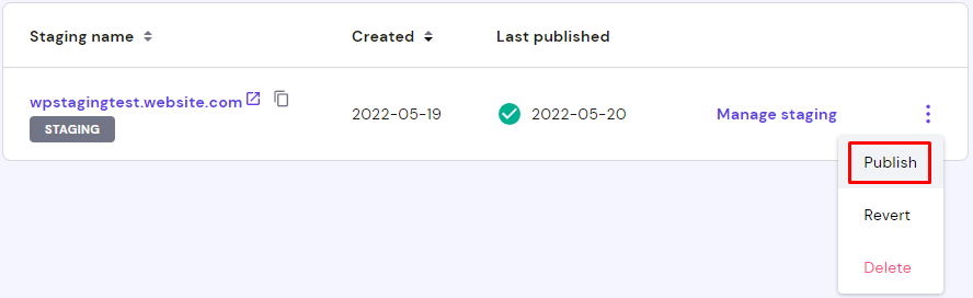 Staging section of hPanel, with the Publish option highlighted