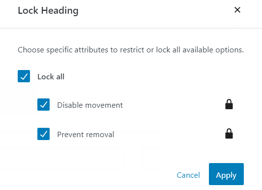 La ventana emergente para elegir los atributos de bloqueo del bloque.