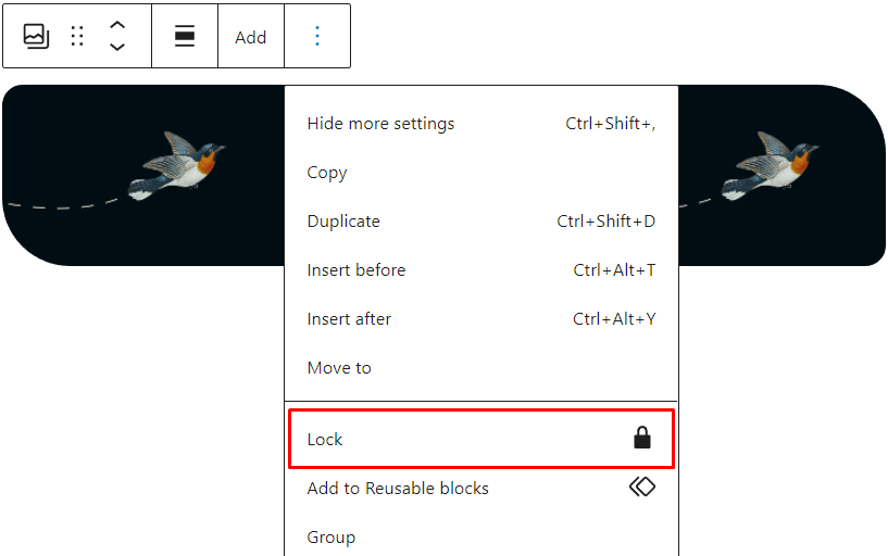 La opción de bloqueo en el menú de la barra de herramientas del bloque.