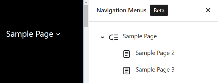 Navigation menu panel, showing a nested navigation structure.