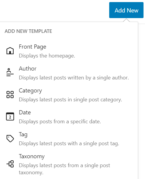 New template options in WordPress 6.0 site editor.