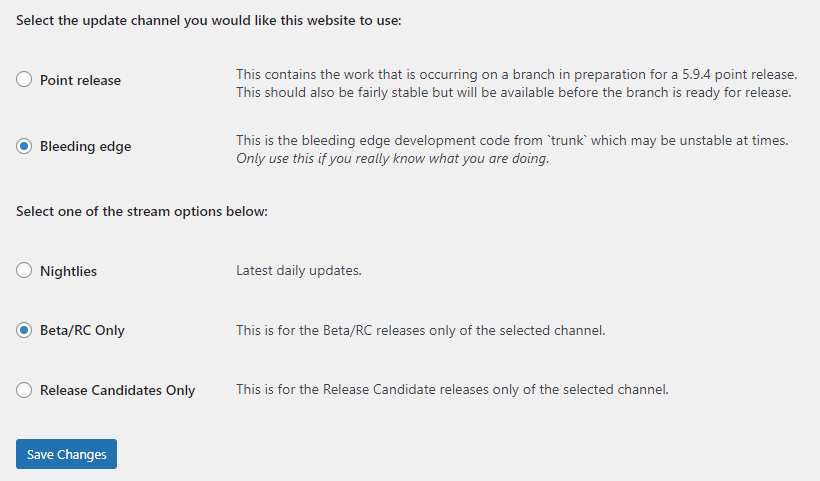 The Bleeding Edge and Beta/RC Only options on the WordPress Beta Tester plugin settings page.