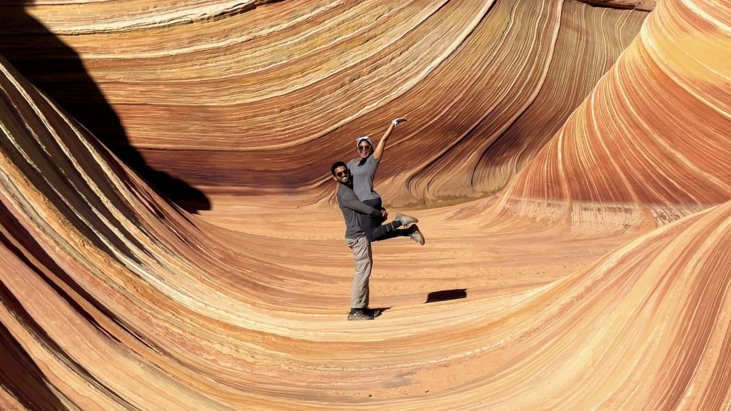 Chaitra and Sunkist, the bloggers behind Mad Over Exploring, at the Wave, Arizona.