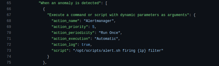 Code onfiguration for actions when an attack is detected or finished.
