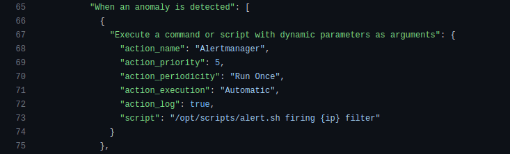 Configuración de código para acciones cuando se detecta o finaliza un ataque.