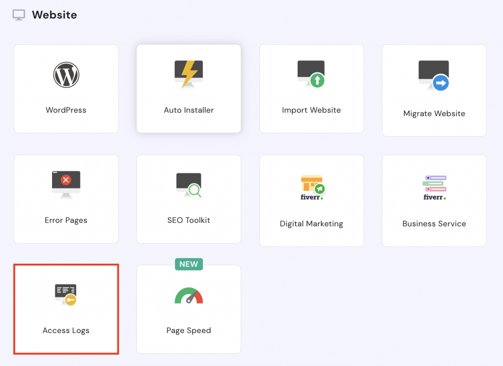 hpanel showing where to find the access log