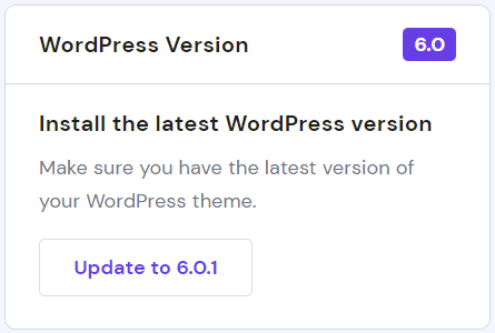 Sección de la versión de WordPress en hPanel que contiene el botón Actualizar a 6.0.1.