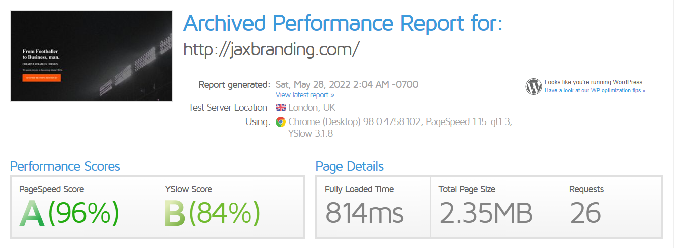 jaxbranding.com's improved speed test results on GTMetrix after the site was optimized by Hostinger's technical team
