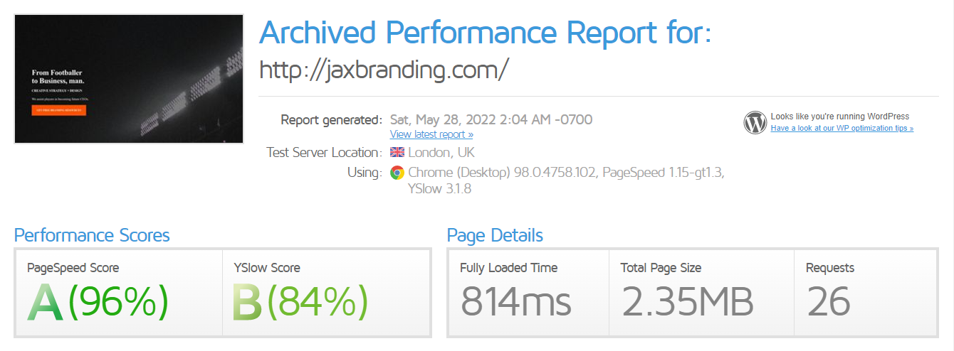 Amélioration des résultats du test de vitesse de jaxbranding.com sur GTMetrix après que le site ait été optimisé par l'équipe technique de Hostinger