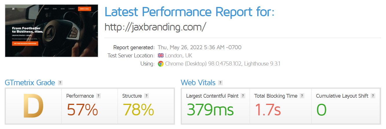jaxbranding.com's website speed test results on GTMetrix before the site was optimized by Hostinger's technical team