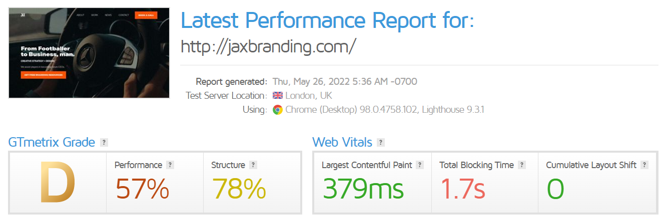 Résultats du test de vitesse du site jaxbranding.com sur GTMetrix avant que le site ne soit optimisé par l'équipe technique de Hostinger